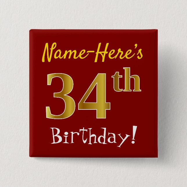 Chapa Cuadrada Red, Faux Gold 34th Birthday, con nombre personali (Anverso)