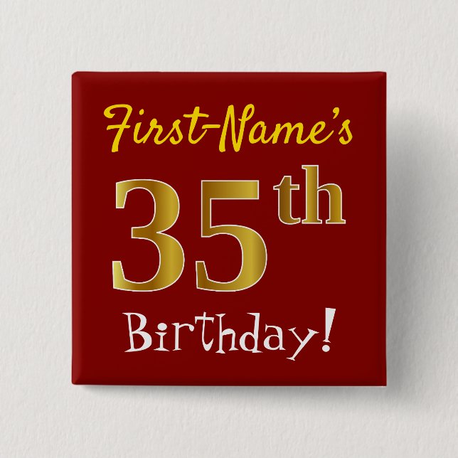 Chapa Cuadrada Red, Faux Gold 35th Birthday, con nombre personali (Anverso)
