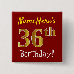 Chapa Cuadrada Red, Faux Gold 36th Birthday, con nombre personali