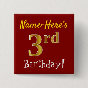 Chapa Cuadrada Red, Faux Gold 3Birthday, Con Nombre Personalizado