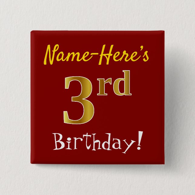 Chapa Cuadrada Red, Faux Gold 3Birthday, Con Nombre Personalizado (Anverso)