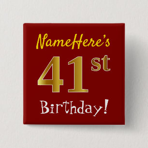 Chapa Cuadrada Red, Faux Gold 41st Birthday, con nombre personali