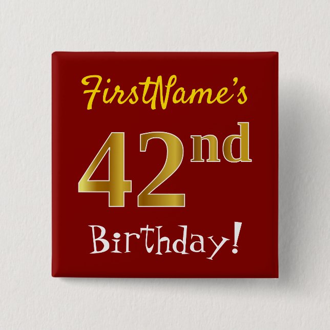 Chapa Cuadrada Red, Faux Gold 42nd Birthday, con nombre personali (Anverso)