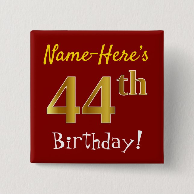 Chapa Cuadrada Red, Faux Gold 44th Birthday, con nombre personali (Anverso)