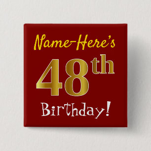 Chapa Cuadrada Red, Faux Gold 48th Birthday, con nombre personali