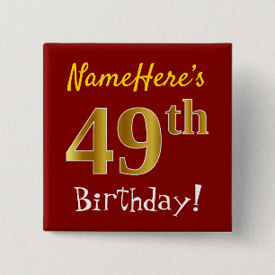 Chapa Cuadrada Red, Faux Gold 49th Birthday, con nombre personali