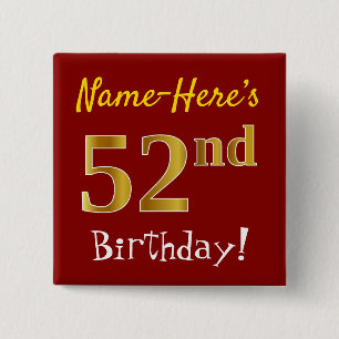 Chapa Cuadrada Red, Faux Gold 52nd Birthday, con nombre personali