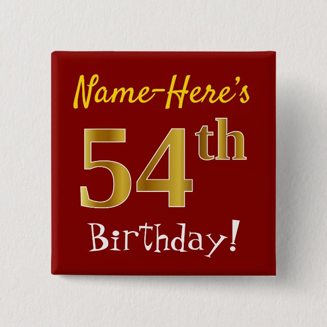 Chapa Cuadrada Red, Faux Gold 54th Birthday, con nombre personali (Anverso)