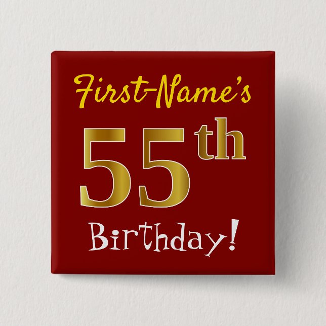 Chapa Cuadrada Red, Faux Gold 55th Birthday, con nombre personali (Anverso)