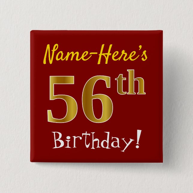 Chapa Cuadrada Red, Faux Gold 56th Birthday, con nombre personali (Anverso)