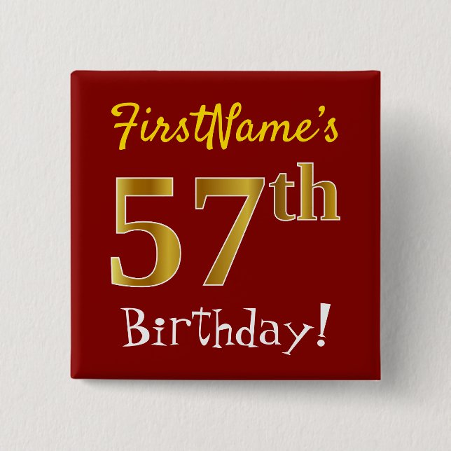 Chapa Cuadrada Red, Faux Gold 57th Birthday, con nombre personali (Anverso)