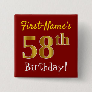 Chapa Cuadrada Red, Faux Gold 58th Birthday, con nombre personali