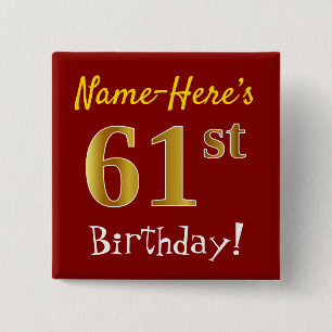 Chapa Cuadrada Red, Faux Gold 61st Birthday, Con Nombre Personali