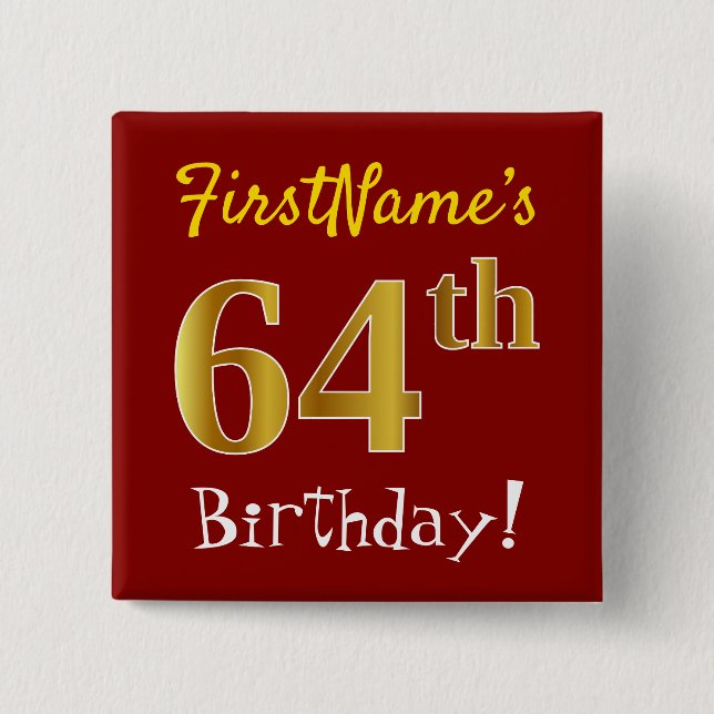 Chapa Cuadrada Red, Faux Gold 64th Birthday, con nombre personali (Anverso)