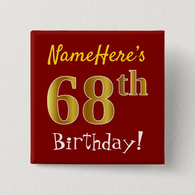 Chapa Cuadrada Red, Faux Gold 68th Birthday, con nombre personali (Anverso)