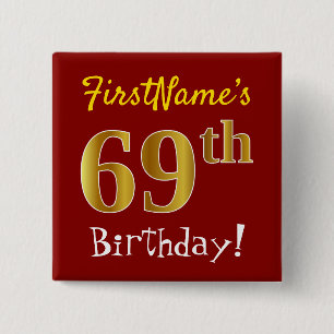 Chapa Cuadrada Red, Faux Gold 69th Birthday, con nombre personali
