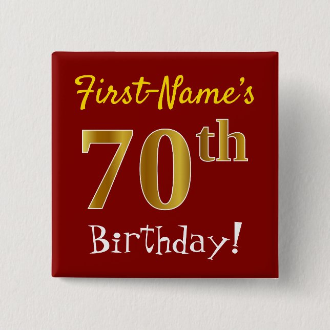 Chapa Cuadrada Red, Faux Gold 70th Birthday, con nombre personali (Anverso)