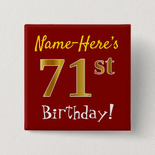 Chapa Cuadrada Red, Faux Gold 71st Birthday, con nombre personali
