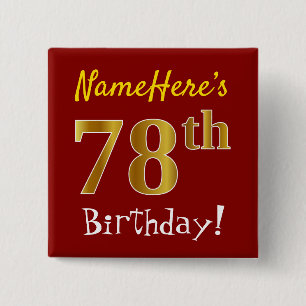 Chapa Cuadrada Red, Faux Gold 78th Birthday, con nombre personali