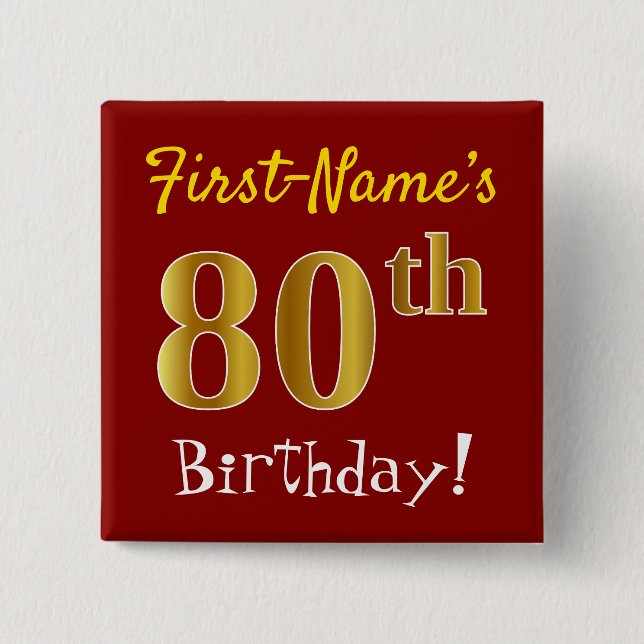 Chapa Cuadrada Red, Faux Gold 80th Birthday, con nombre personali (Anverso)