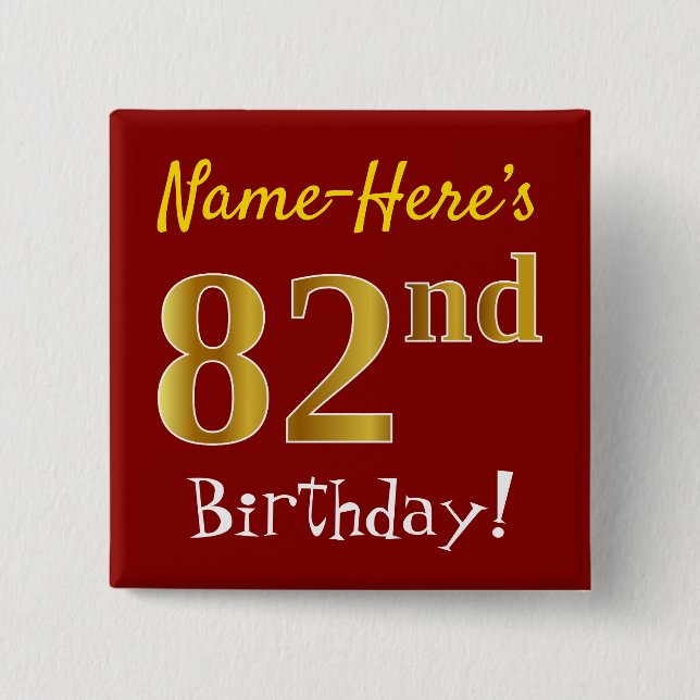 Chapa Cuadrada Red, Faux Gold 82nd Birthday, con nombre personali (Anverso)