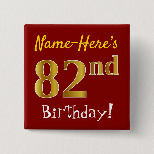 Chapa Cuadrada Red, Faux Gold 82nd Birthday, con nombre personali