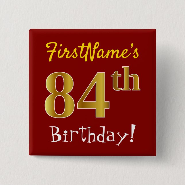 Chapa Cuadrada Red, Faux Gold 84th Birthday, con nombre personali (Anverso)