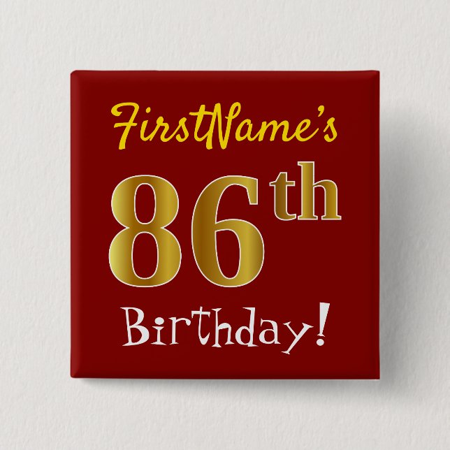 Chapa Cuadrada Red, Faux Gold 86th Birthday, con nombre personali (Anverso)