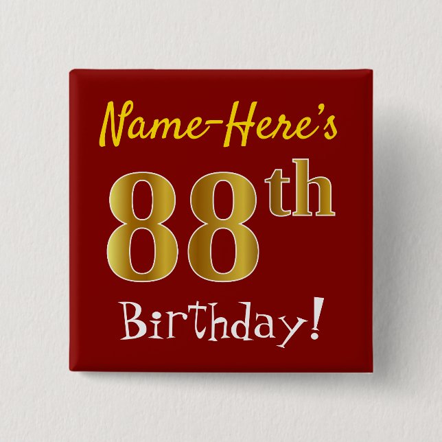 Chapa Cuadrada Red, Faux Gold 88th Birthday, con nombre personali (Anverso)