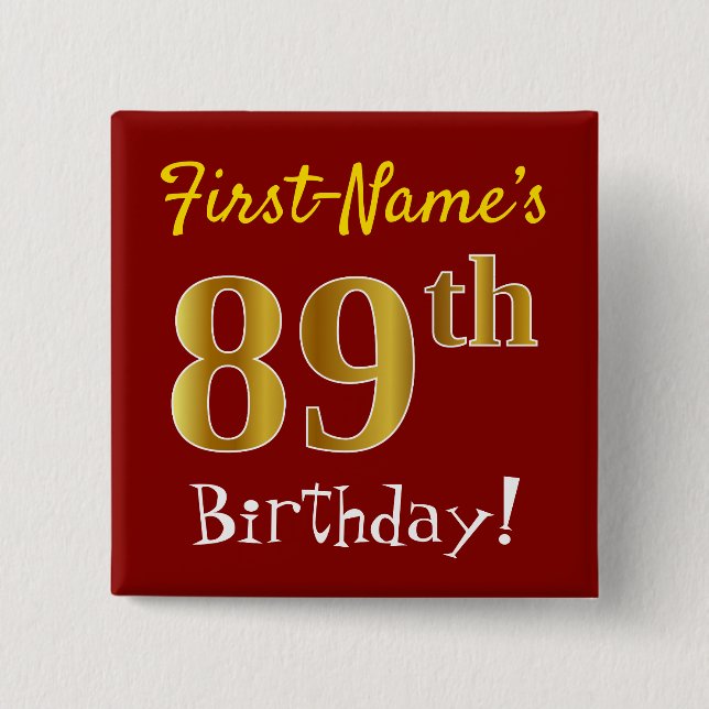 Chapa Cuadrada Red, Faux Gold 89th Birthday, con nombre personali (Anverso)