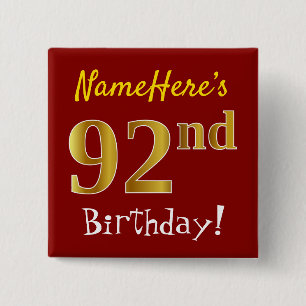 Chapa Cuadrada Red, Faux Gold 92nd Birthday, con nombre personali