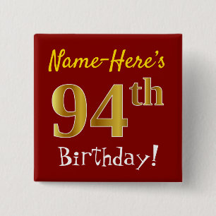 Chapa Cuadrada Red, Faux Gold 94th Birthday, con nombre personali