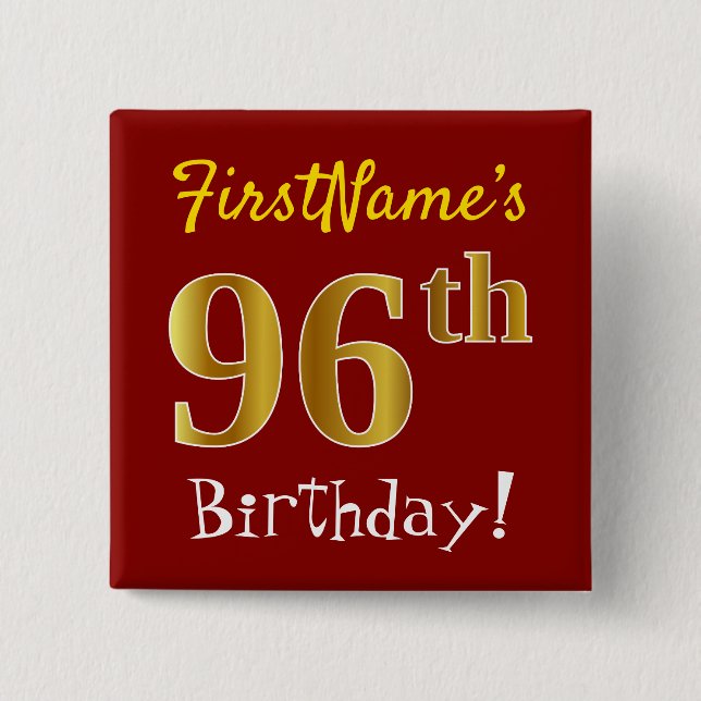 Chapa Cuadrada Red, Faux Gold 96th Birthday, con nombre personali (Anverso)