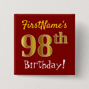 Chapa Cuadrada Red, Faux Gold 98th Birthday, con nombre personali