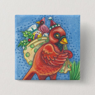Chapa Cuadrada REDBIRD SANTA, NAVIDADES CARDINAL BIRD BUTTON Squ