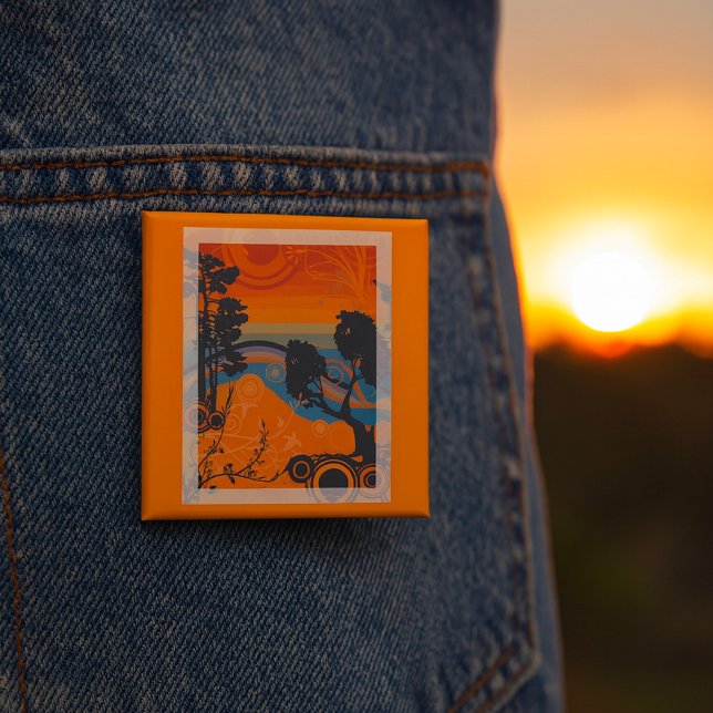 Chapa Cuadrada Resumen del paisaje forestal del atardecer retro (Subido por el creador)