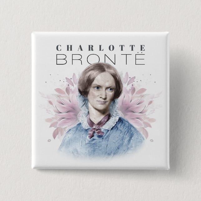Chapa Cuadrada Retrato de Charlotte Bronte de Richmond con flores (Anverso)