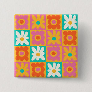 Chapa Cuadrada Retro Floral de Cuadros Groovy de los 70 Colorido