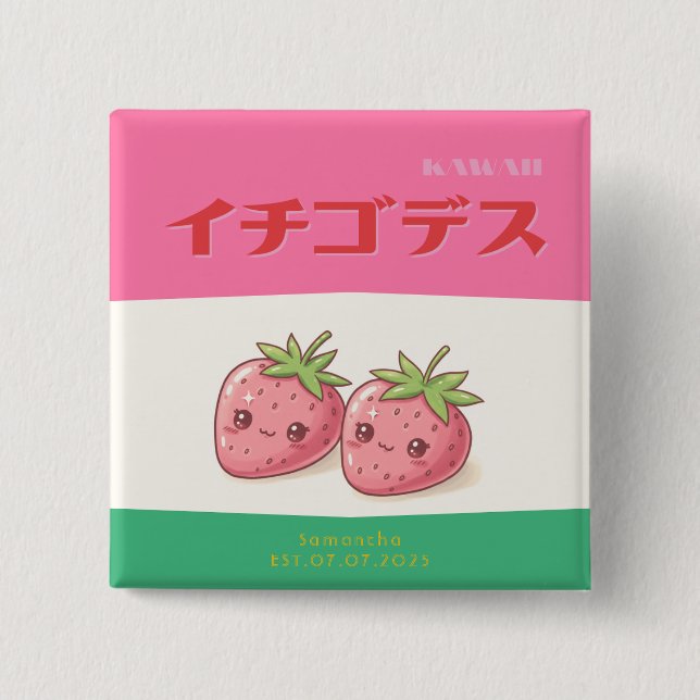 Chapa Cuadrada Retro Pop Strawberry Charm - Harajuku Kawaii Style (Anverso)