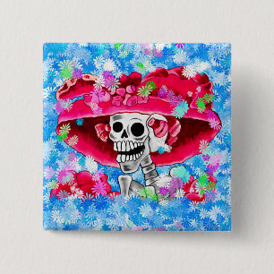 Chapa Cuadrada Ríe mujer de Skeleton en Red Bonnet