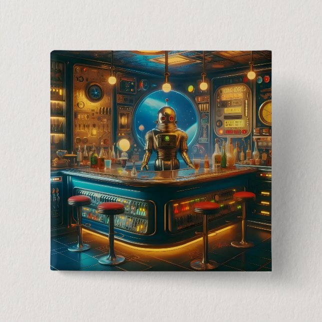 Chapa Cuadrada Robot Bartender in Interstellar Space Age Dive Bar (Anverso)