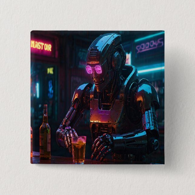 Chapa Cuadrada Robot solitario en Neon Bar - Ciberpunk Sce emocio (Anverso)