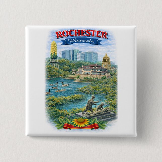 Chapa Cuadrada Rochester MN Minnesota Landmarks Button (Anverso)