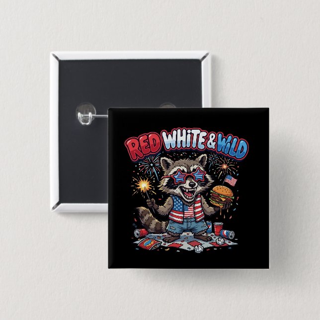 Chapa Cuadrada Rojo Blanco y Mapache Salvaje 4 de Julio (Anverso y reverso)