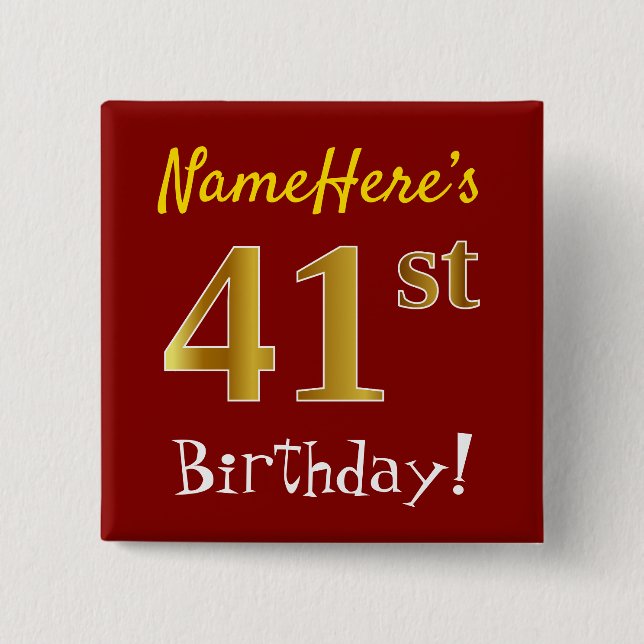 Chapa Cuadrada Rojo, Falso Cumpleaños 41 con Nombre Personalizado (Anverso)