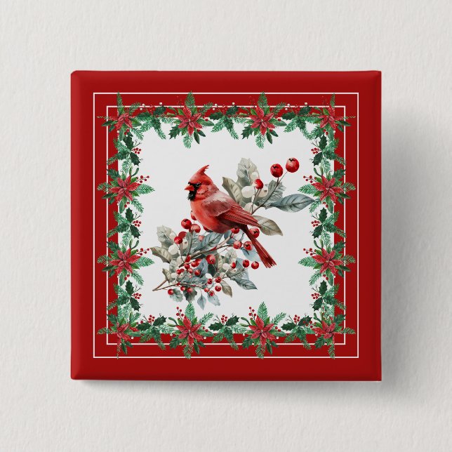 Chapa Cuadrada Rojo Mockingbird Poinsettia Borders Elegante (Anverso)