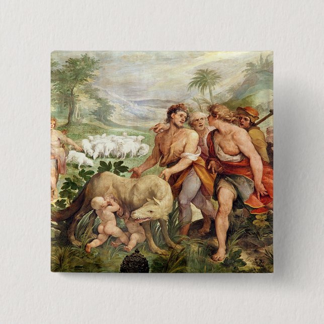 Chapa Cuadrada Romulus amamantó por el ella-lobo (Anverso)