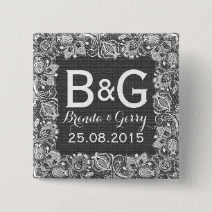 Chapa Cuadrada Ropa de Faux Gris y marco de encaje floral blanco