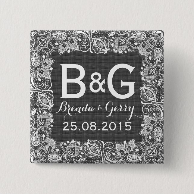 Chapa Cuadrada Ropa de Faux Gris y marco de encaje floral blanco (Anverso)