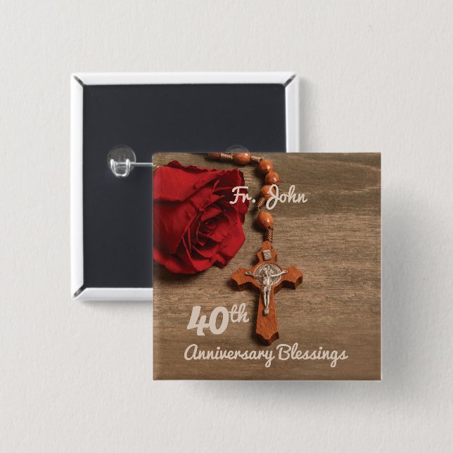 Chapa Cuadrada Rosa y Rosario del 40° Aniversario de la Ordenació (Anverso y reverso)